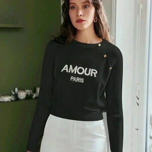 Black Preppy Womens Letter Graphic Button Detail Raglan Sleeve Sweater